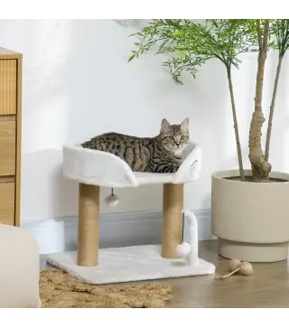 Árbol Rascador para Gatos Pequeños Altura 42 cm con Nido Bolas Colgantes y Postes de Sisal 48x38x42 cm Blanco