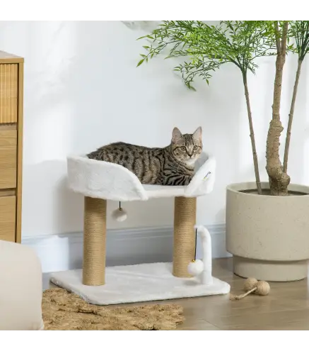 Árbol Rascador para Gatos Pequeños Altura 42 cm con Nido Bolas Colgantes y Postes de Sisal 48x38x42 cm Blanco