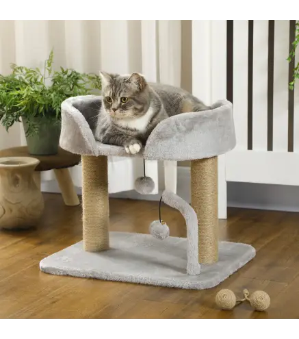Árbol Rascador para Gatos Pequeños Altura 42 cm con Nido Bolas Colgantes y Postes de Sisal 48x38x42 cm Gris Claro