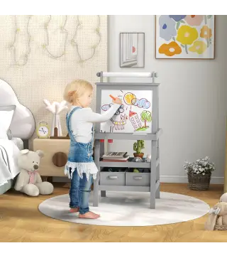 Caballete de Pintura para Niños 3 en 1 Pizarra de Doble Cara con Rollo de Papel y Cestas de Almacenamiento Gris
