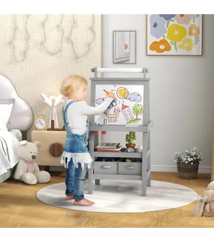 Caballete de Pintura para Niños 3 en 1 Pizarra de Doble Cara con Rollo de Papel y Cestas de Almacenamiento Gris