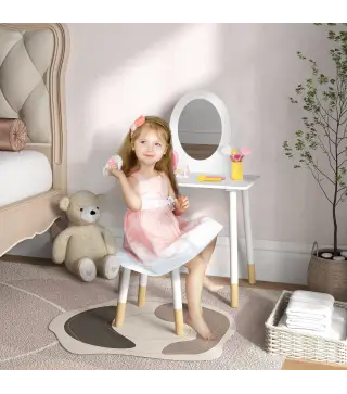 Tocador de Maquillaje para Niñas de +3 Años Tocador Infantil con Taburete y Espejo Diseño Sencillo Blanco