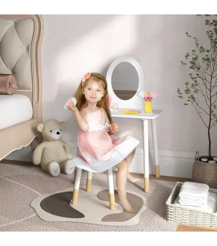 Tocador de Maquillaje para Niñas de +3 Años Tocador Infantil con Taburete y Espejo Diseño Sencillo Blanco