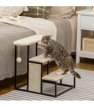 Escalera para Mascotas con 3 Escalones Bola Colgante Tablero de Rascar y Marco de Acero 47x45x47 cm Crema y Negro
