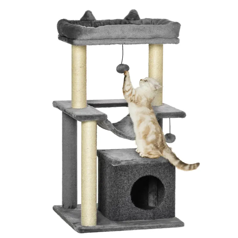Árbol para Gatos Altura 90 cm de 3 Niveles con Nido Plataforma Bolas Colgantes y Poste de Sisal 48x48x90 cm Gris