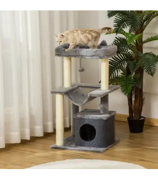 Árbol para Gatos Altura 90 cm de 3 Niveles con Nido Plataforma Bolas Colgantes y Poste de Sisal 48x48x90 cm Gris