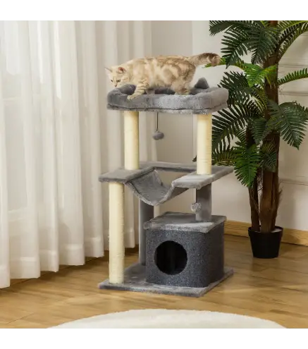 Árbol para Gatos Altura 90 cm de 3 Niveles con Nido Plataforma Bolas Colgantes y Poste de Sisal 48x48x90 cm Gris