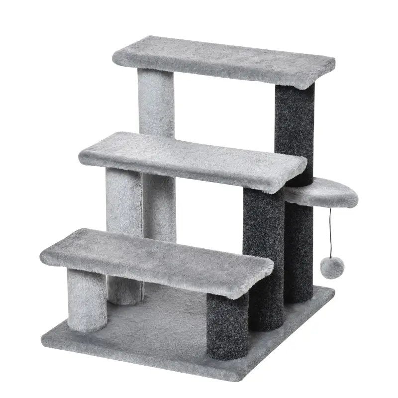Escalera para Gatos con 3 Niveles Plataforma Poste Rascador y Bola Colgante de Juguete 40x40x48 cm Gris