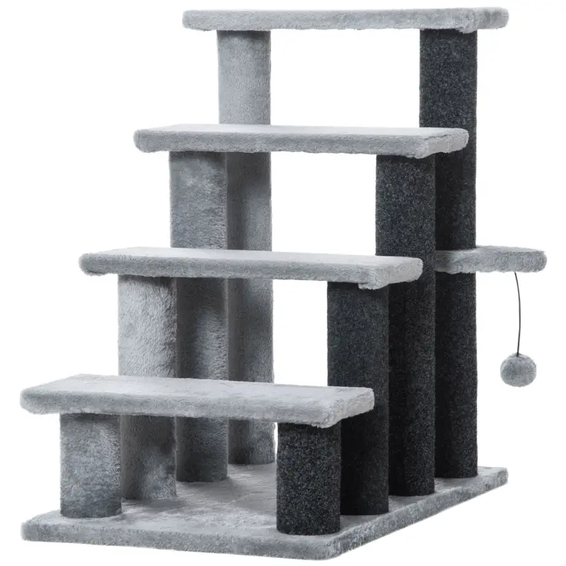 Escalera para Gatos con 4 Niveles Plataforma Poste Rascador y Bola Colgante de Juguete 60x40x64 cm Gris