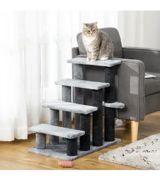Escalera para Gatos con 4 Niveles Plataforma Poste Rascador y Bola Colgante de Juguete 60x40x64 cm Gris