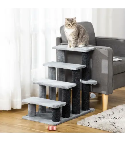 Escalera para Gatos con 4 Niveles Plataforma Poste Rascador y Bola Colgante de Juguete 60x40x64 cm Gris