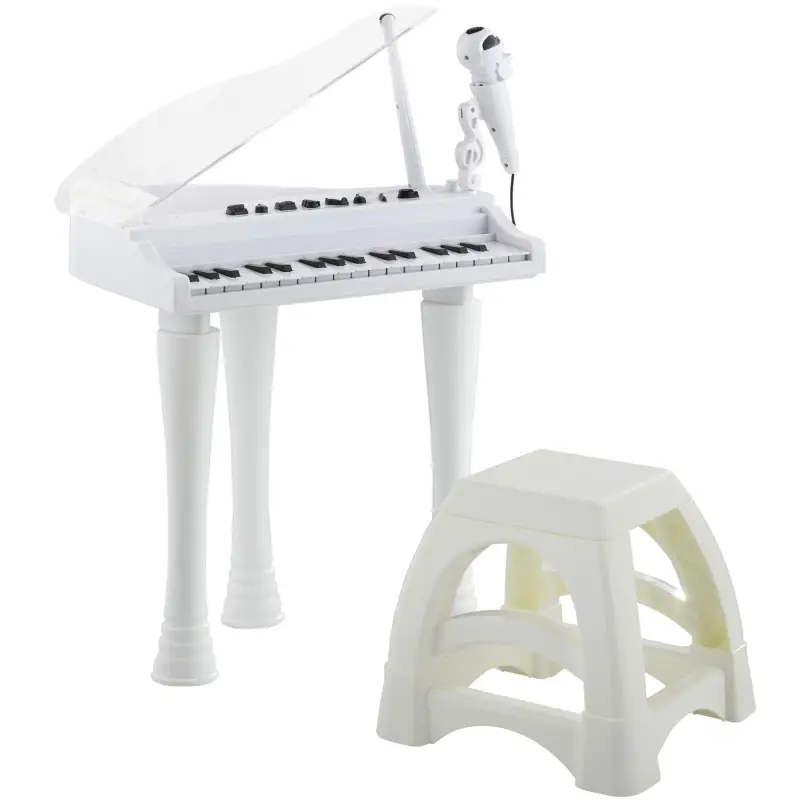 Juego de Piano Infantil de 32 Teclas con Micrófono Taburete Luces 22 Canciones y 4 Sonidos 37x30,5x60,4 cm Blanco