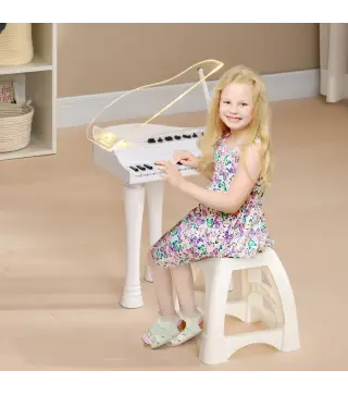 Juego de Piano Infantil de 32 Teclas con Micrófono Taburete Luces 22 Canciones y 4 Sonidos 37x30,5x60,4 cm Blanco