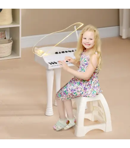 Juego de Piano Infantil de 32 Teclas con Micrófono Taburete Luces 22 Canciones y 4 Sonidos 37x30,5x60,4 cm Blanco