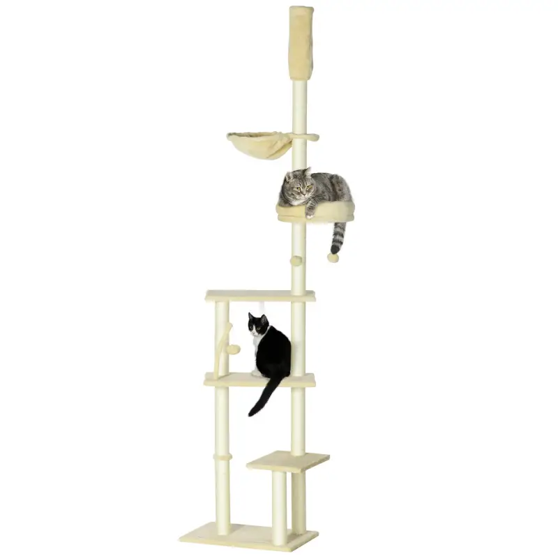 Árbol para Gatos de Suelo a Techo de 230-250 cm con Altura Ajustable Múltiples Plataformas Cestos Hamaca Bolas Beige