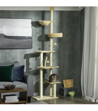 Árbol para Gatos de Suelo a Techo de 230-250 cm con Altura Ajustable Múltiples Plataformas Cestos Hamaca Bolas Beige