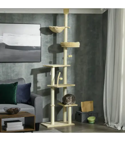 Árbol para Gatos de Suelo a Techo de 230-250 cm con Altura Ajustable Múltiples Plataformas Cestos Hamaca Bolas Beige
