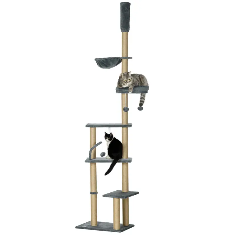 Árbol para Gatos de Suelo a Techo de 230-250 cm con Altura Ajustable Múltiples Plataformas Cestos Hamaca Bolas Gris
