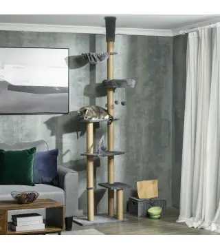 Árbol para Gatos de Suelo a Techo de 230-250 cm con Altura Ajustable Múltiples Plataformas Cestos Hamaca Bolas Gris