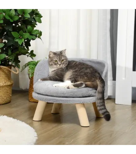 Cama para Perros Miniaturas con Cojín Lavable y Marco de Madera y Alfombrillas Antideslizantes Ø40,5x33 cm Gris