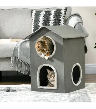 Cama para Gatos de 2 Niveles Cueva para Gatos con 3 Puertas y Cojines Lavables 42x46x59,5 cm Gris