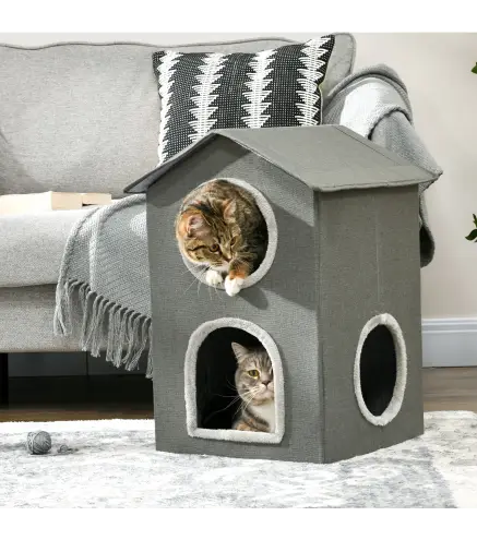 Cama para Gatos de 2 Niveles Cueva para Gatos con 3 Puertas y Cojines Lavables 42x46x59,5 cm Gris