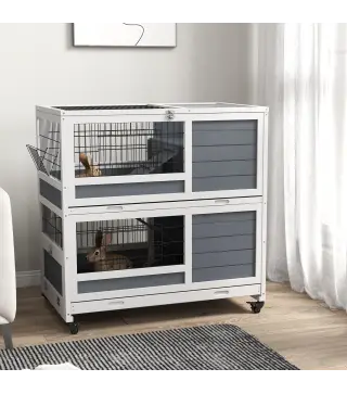 Jaula para Conejos de 2 Niveles 90x53x97 cm con Ruedas Techo Abatible Bandeja Extraíble Comedero y Rampa Gris