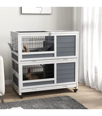 Jaula para Conejos de 2 Niveles 90x53x97 cm con Ruedas Techo Abatible Bandeja Extraíble Comedero y Rampa Gris