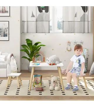 Mesa Infantil con Sillas Respaldos con Orejas de Conejo Mesa Infantil para Guardería Sala de Juegos Blanco