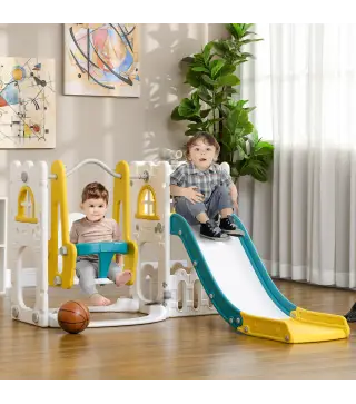 Tobogán Infantil 6 en 1 con Columpio y Tobogán Telescopio Aro de Baloncesto Espacio de Almacenamiento Multicolor