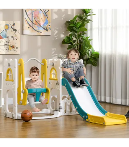 Tobogán Infantil 6 en 1 con Columpio y Tobogán Telescopio Aro de Baloncesto Espacio de Almacenamiento Multicolor