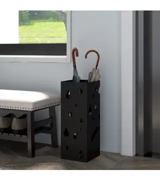 Paragüero Negro Paragüero de Acero con 4 Ganchos y Bandeja de Goteo Extraíble para Pasillo Entrada 15,5x15,5x41 cm