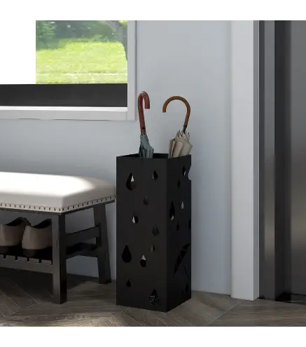 Paragüero Negro Paragüero de Acero con 4 Ganchos y Bandeja de Goteo Extraíble para Pasillo Entrada 15,5x15,5x41 cm