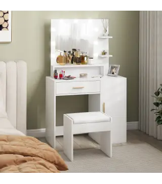 Tocador de Maquillaje con Taburete Espejo LED Cajones Estante Ajustable y Estantes Abiertos para Dormitorio Blanco