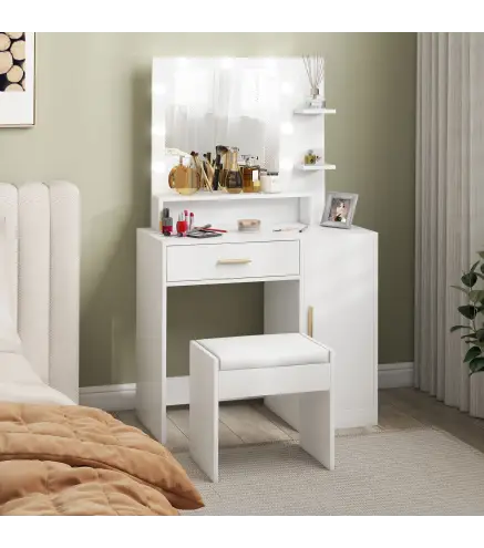 Tocador de Maquillaje con Taburete Espejo LED Cajones Estante Ajustable y Estantes Abiertos para Dormitorio Blanco