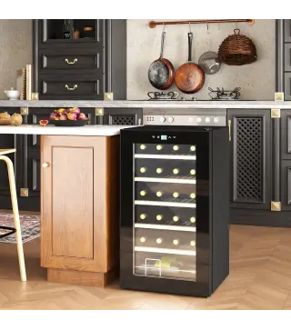 Nevera Vinos 24 Botellas 65L con Luz LED Interior Pantalla Táctil Puerta de Vidrio y 5 Estantes de Metal Negro