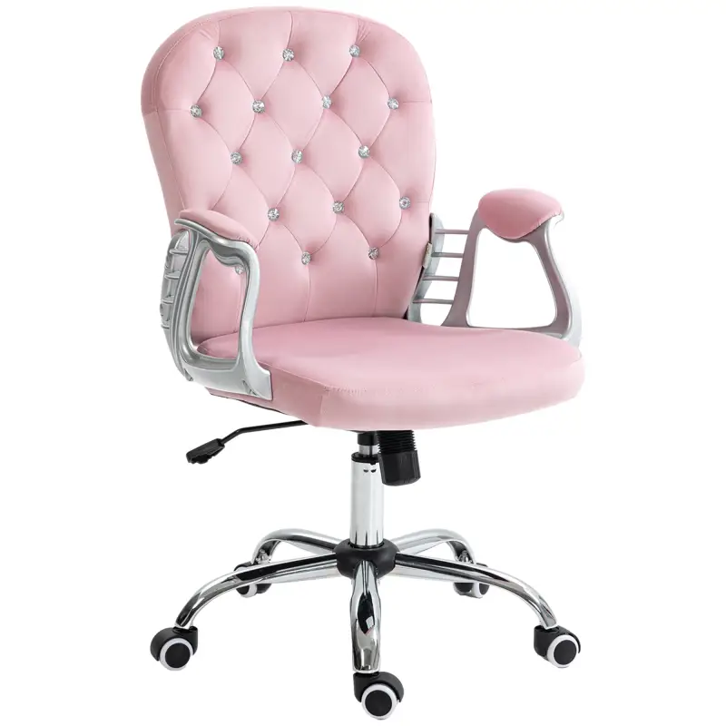Silla de Escritorio de Terciopelo con Altura Ajustable Reposabrazos y Decoraciones de Diamantes 59,5x60,5x93-103 cm Rosa