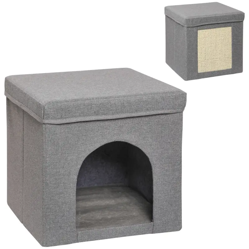 Casa para Gatos con Tablero de Rascar y Puerta para Interior 36,5x36,5x36,5 cm Gris