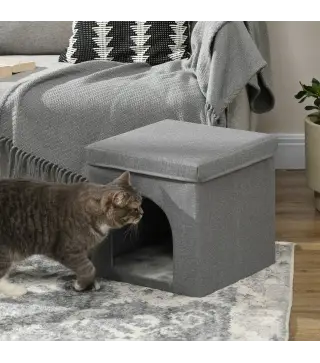 Casa para Gatos con Tablero de Rascar y Puerta para Interior 36,5x36,5x36,5 cm Gris