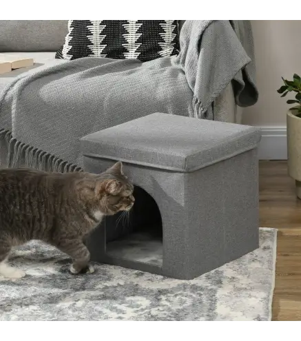 Casa para Gatos con Tablero de Rascar y Puerta para Interior 36,5x36,5x36,5 cm Gris