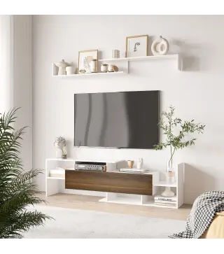 Conjunto Muebles de Salón con Mesa para Televisor 153,6x25x42 cm y Estante de Pared 150x14,5x16,3 cm Blanco y Marrón