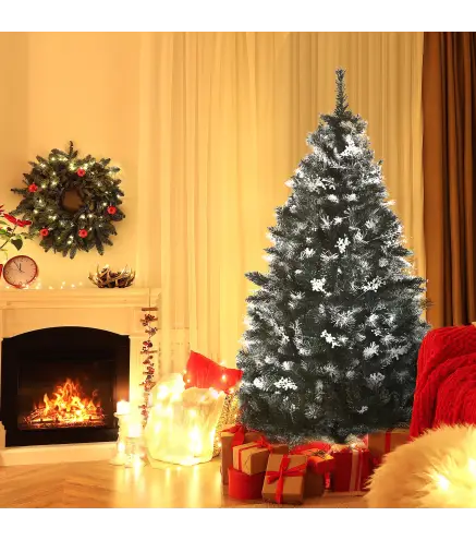 Árbol de Navidad Artificial 150 cm con 378 Ramas 41 Decoraciones Soporte de Acero Base Plegable y Desmontable Verde
