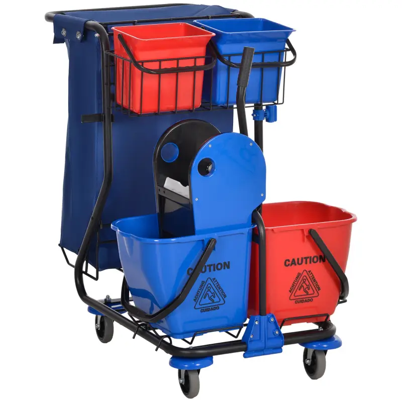 Carro de Limpieza con Bolsa Doble Cubo de 18 Litros Escurridor 2 Cubetas Auxiliares 93x80x97 cm Rojo y Azul