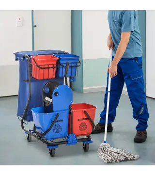 Carro de Limpieza con Bolsa Doble Cubo de 18 Litros Escurridor 2 Cubetas Auxiliares 93x80x97 cm Rojo y Azul