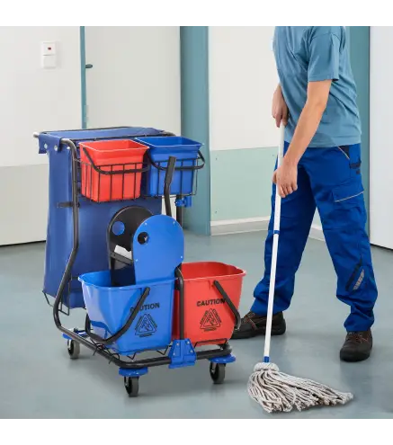 Carro de Limpieza con Bolsa Doble Cubo de 18 Litros Escurridor 2 Cubetas Auxiliares 93x80x97 cm Rojo y Azul