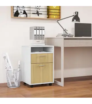Cajonera de Oficina Móvil con Cajón y Armario con Ruedas Soporte de Impresora para Estudio 40x35x60 cm Blanco y Natural