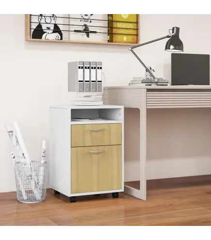 Cajonera de Oficina Móvil con Cajón y Armario con Ruedas Soporte de Impresora para Estudio 40x35x60 cm Blanco y Natural