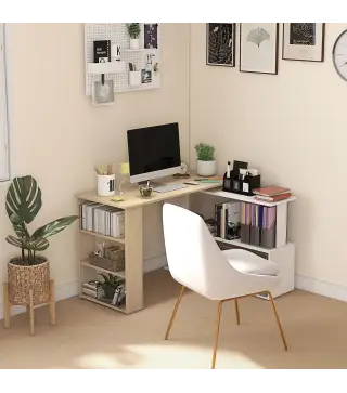 Escritorio en L con Estantería Mesa de Escritorio con Estantes para Oficina Estudio 120x110x74,5 cm Natural y Blanco