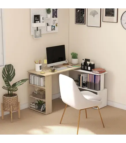 Escritorio en L con Estantería Mesa de Escritorio con Estantes para Oficina Estudio 120x110x74,5 cm Natural y Blanco