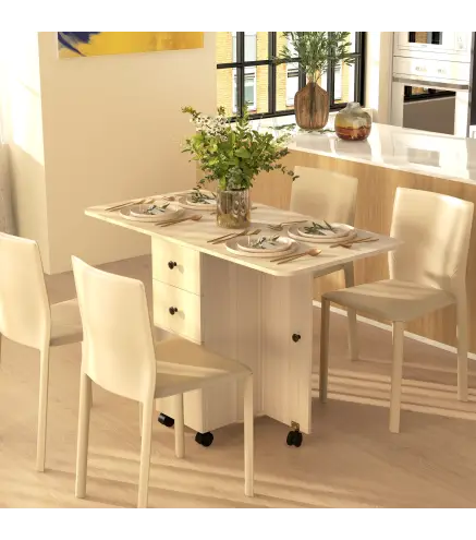 Mesa Plegable con Ruedas y Alas Abatibles Mesa Auxiliar Multifuncional con Almacenaje 120x60x76,5 cm Natural